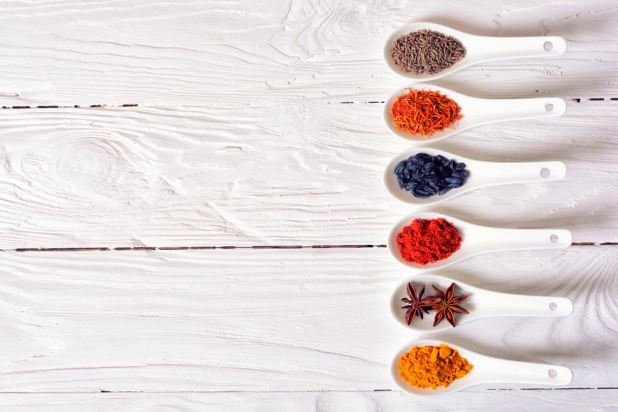 Close-up of spice selection on table